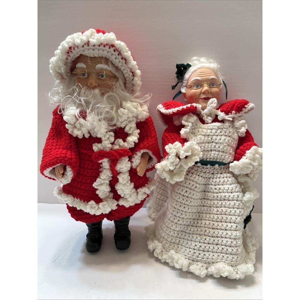 Vintage Christmas Santa And Mrs. Claus Dolls Hand Crocheted Outfit Red White 16"